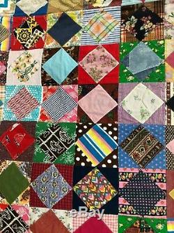Vintage Handmade Quilt Machine Stitched Scraps Twin Size 70 x 90 Bright Colors