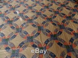 Vintage Handmade Quilt Multi Color Double Wedding Ring Pattern 74 x 94