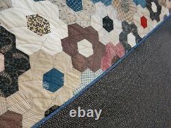 Vintage Handmade Quilt Multi-Color Honeycomb Hexagon Black Vine Back