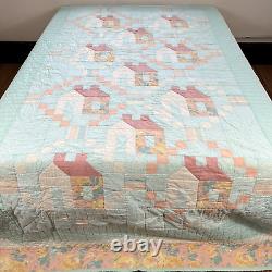 Vintage Handmade Quilt Pastel Colors Floral Country Cottage Houses 72x110