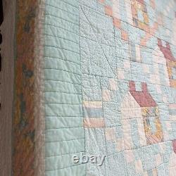 Vintage Handmade Quilt Pastel Colors Floral Country Cottage Houses 72x110