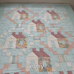 Vintage Handmade Quilt Pastel Colors Floral Country Cottage Houses 72x110