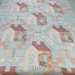 Vintage Handmade Quilt Pastel Colors Floral Country Cottage Houses 72x110