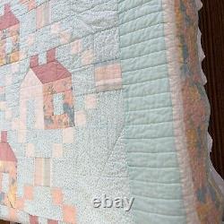 Vintage Handmade Quilt Pastel Colors Floral Country Cottage Houses 72x110