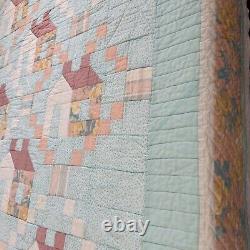 Vintage Handmade Quilt Pastel Colors Floral Country Cottage Houses 72x110