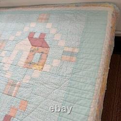 Vintage Handmade Quilt Pastel Colors Floral Country Cottage Houses 72x110