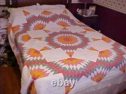Vintage Handmade Quilt, Pink Green And Yellow Texas Star Design