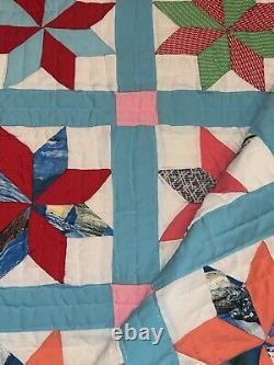 Vintage Handmade Quilt Pinwheel Estate Granny Quilt Polyester MCM Retro 75x92