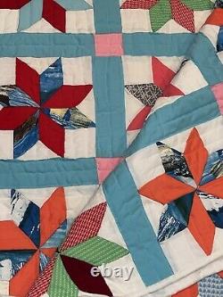 Vintage Handmade Quilt Pinwheel Estate Granny Quilt Polyester MCM Retro 75x92