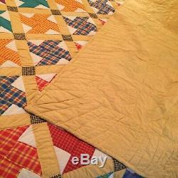 Vintage Handmade Quilt Pinwheel Yellow Multi Color 104 x 90 Wool Batting
