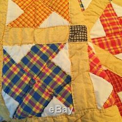 Vintage Handmade Quilt Pinwheel Yellow Multi Color 104 x 90 Wool Batting