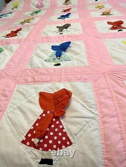 Vintage Handmade Quilt Queen Holly Hobbie Pink & White 2 Shams 1 Throw Pillow