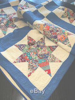 Vintage Handmade Quilt Scrappy Star Kaleidoscope Pattern 72x 88 Hand Stitched