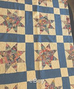 Vintage Handmade Quilt Scrappy Star Kaleidoscope Pattern 72x 88 Hand Stitched