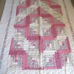 Vintage Handmade Quilt Twin 62x82 Patchwork Pink White Diamond Stairstep Floral