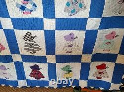 Vintage Handmade Quilt Twin Blue Sunbonnet Sue 64x76 Feedsack Prairie Points Edg