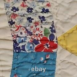 Vintage Handmade Quilt Wedding Ring 73 X 75 Yellow Blue Red Pink