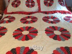 Vintage Handmade Quilt and pillow shams 86x104 red, white & blue