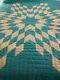 Vintage Handmade Quilt In Green And Yellow Star Design