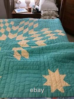 Vintage Handmade Quilt in Green And Yellow Star Design