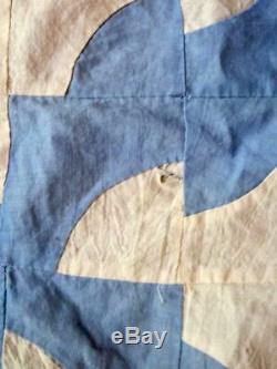 Vintage Handmade Quilt top Drunkards Path Pattern Blue & White 63x 78 1930's
