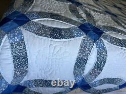 Vintage Handmade Quilted 82×108 Double Wedding Ring Quilt-Blue