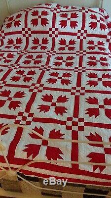 Vintage Handmade & Quilted Christmas RED & WHITE Heirloom Patchwork Quilt 80X94
