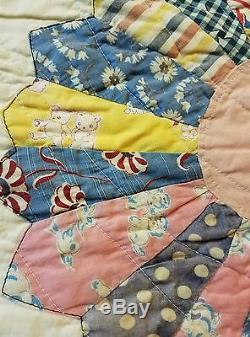 Vintage Handmade Quilted Quilt Dresden Plate Feedsack Scraps Fabric 1920S 1930s