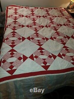 Vintage Handmade Red & White Cotton Quilt Blanket Measures 64 x 76
