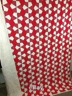 Vintage Handmade Red & White Cotton Quilt Blanket Measures 78 x 92