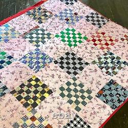 Vintage Handmade Sixteen Patch 30s era Feedsack Farmhouse Quilt Full Size