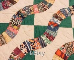 Vintage Handmade Snail Trail Fan Piecework Cotton Quilt 74 X 82 Vibrant Colors