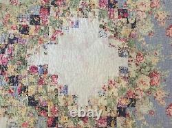 Vintage Handmade Stitched Floral Blue Pink Flowers Cotton Quilt Throw