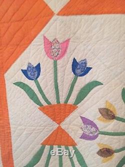 Vintage, Handmade Tulip Applique Quilt, Stunning Detail, 74 X 82 (Queen) 1930