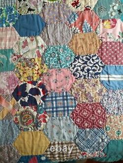 Vintage Handmade Turquoise Hexagon Quilt 64 x 80 Hand Quilted 100% Cotton