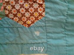 Vintage Handmade Turquoise Hexagon Quilt 64 x 80 Hand Quilted 100% Cotton