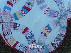 Vintage Handmade Wedding Ring Quilt Hand Quilted dated 1933 FeedSacks
