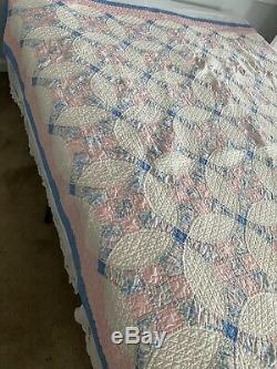 Vintage Handmade White And Pink Wedding Ring Cotton Quilt