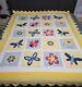 Vintage Handmade Yellow Flowers Butterfly Ladybug'summer Fun' Quilt 85 X 68