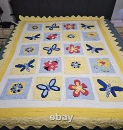 Vintage Handmade Yellow Flowers Butterfly Ladybug'Summer Fun' Quilt 85 X 68