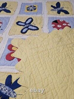 Vintage Handmade Yellow Flowers Butterfly Ladybug'Summer Fun' Quilt 85 X 68