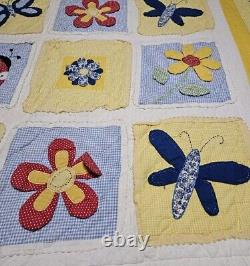 Vintage Handmade Yellow Flowers Butterfly Ladybug'Summer Fun' Quilt 85 X 68