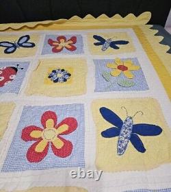 Vintage Handmade Yellow Flowers Butterfly Ladybug'Summer Fun' Quilt 85 X 68