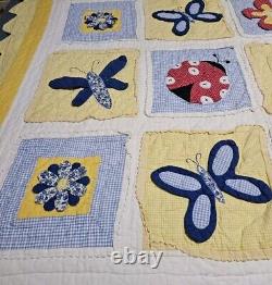 Vintage Handmade Yellow Flowers Butterfly Ladybug'Summer Fun' Quilt 85 X 68