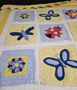 Vintage Handmade Yellow Flowers Butterfly Ladybug'Summer Fun' Quilt 85 X 68