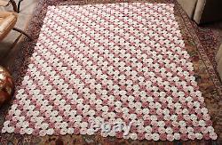 Vintage Handmade Yo Yo Yoyo Quilt Pink and White Diagonal Stripes EUC 81X72
