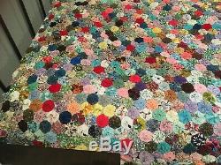 Vintage Handmade YoYo Patchwork Quilt Colorful Prints Size 83 x 100