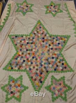 Vintage Handmade YoYo Star Quilt on Satin Full Coverlet 81 x 78