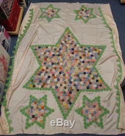 Vintage Handmade YoYo Star Quilt on Satin Full Coverlet 81 x 78