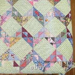 Vintage Handmade Zig Zag Quilt with Feed Sack Triangles Colorful 74x80 GC